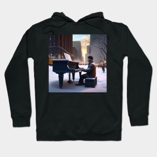 A Pianist Performing On The Streets Of Chicago USA In Winter Hoodie